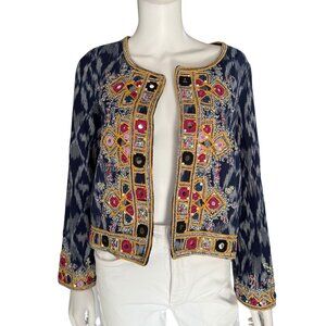 Calypso St. Barth Navy Akillna Ikat Jacket With Colorful Embroidered Mirror Deta